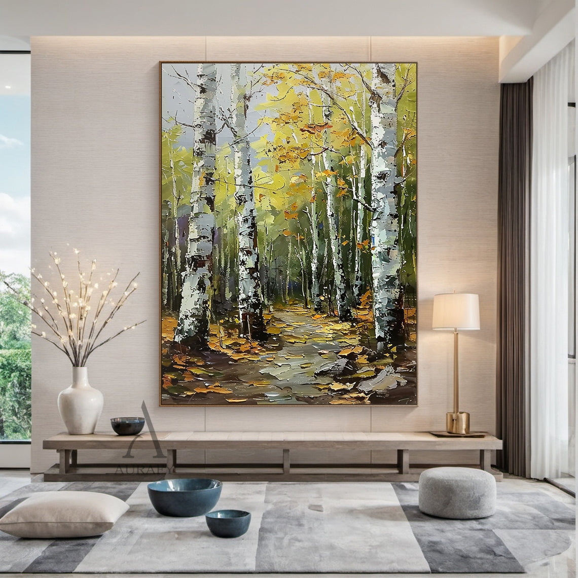 Textured Green Brown Landscape Birch Forest Knife Strokes Oil Painting Tactile Canvas Wabi-Sabi Wall Art AURA744