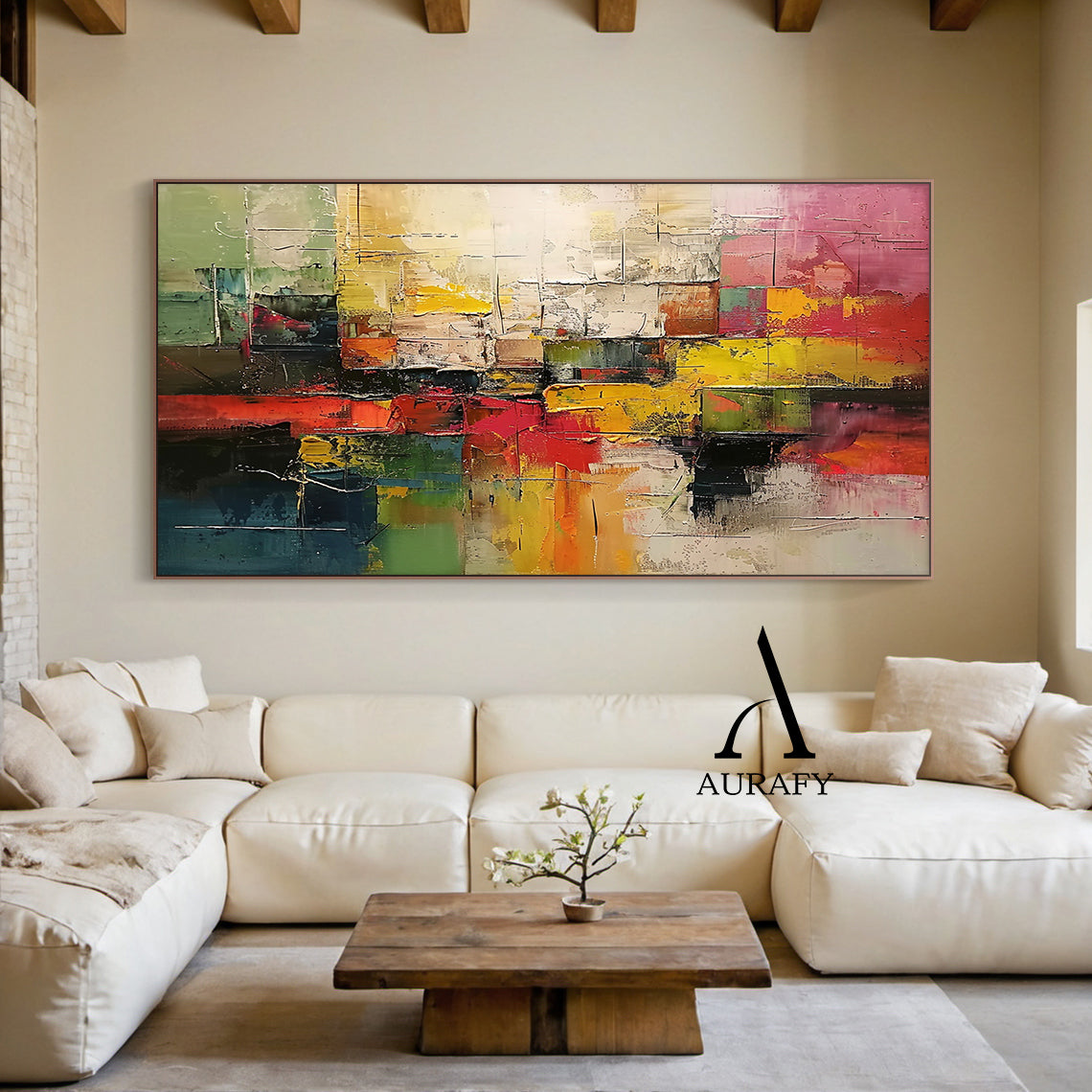 3D Textured Abstract Painting with High-Relief Plaster Tactile Surface Pink Green Yellow Knife Strokes AURA571