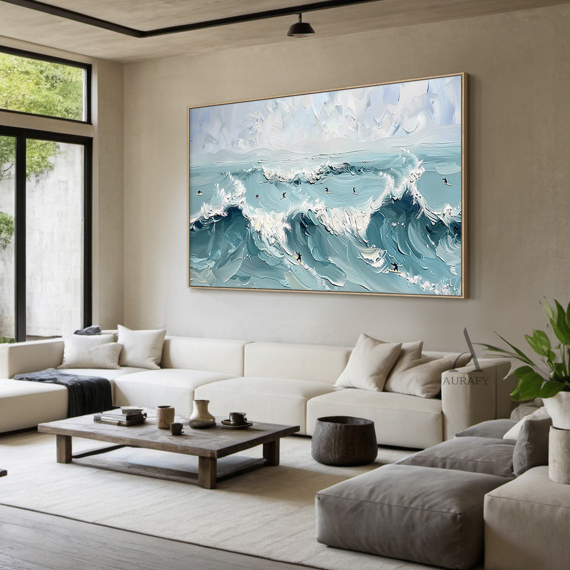 Blue Ocean Surf Art Thick Impasto Palette Knife Modern Expressionism Tactile Waves Surfers AURA415