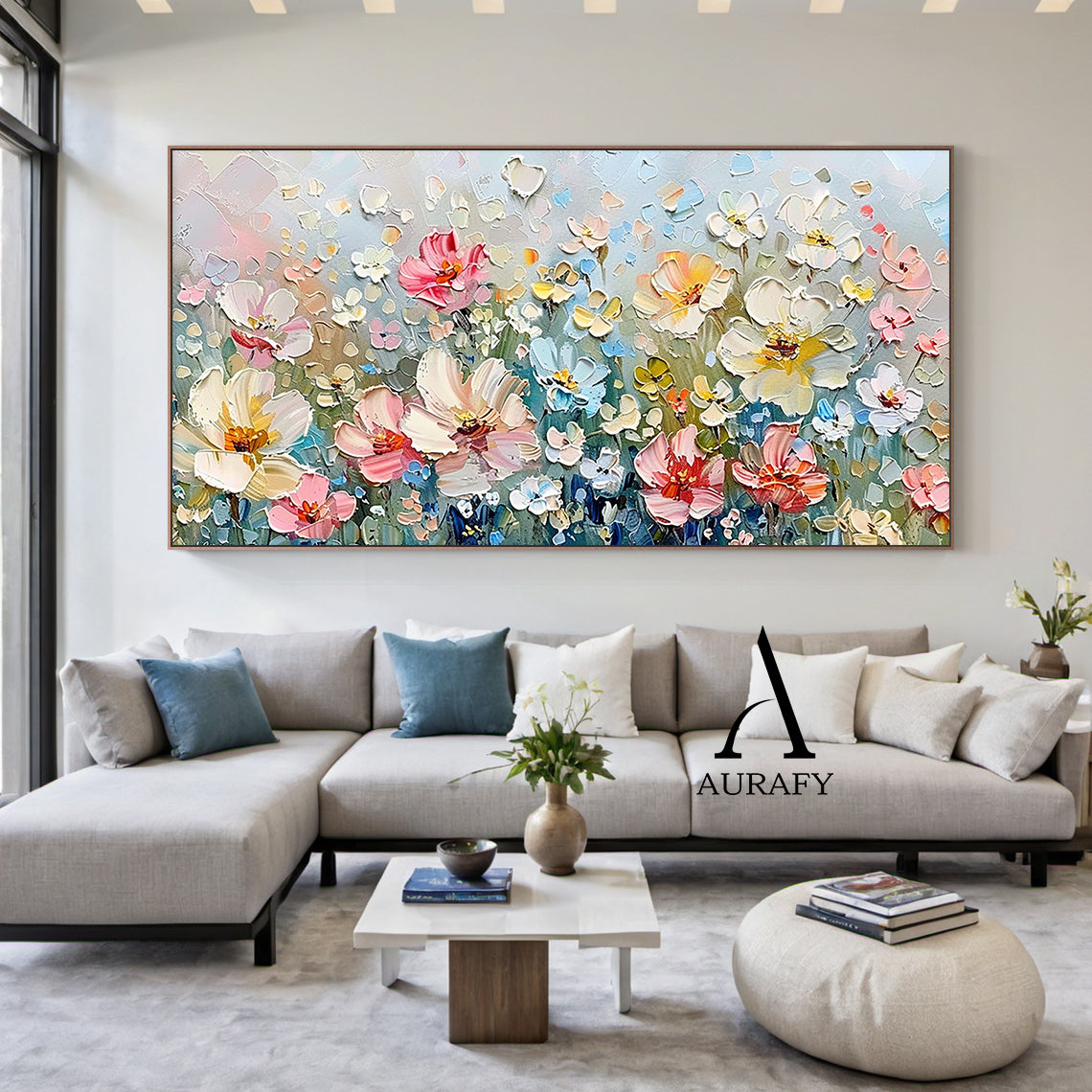 3D Textured Flower Painting Thick Impasto Blue Pink Sculpted Petals Knife Strokes Artwork AURA573