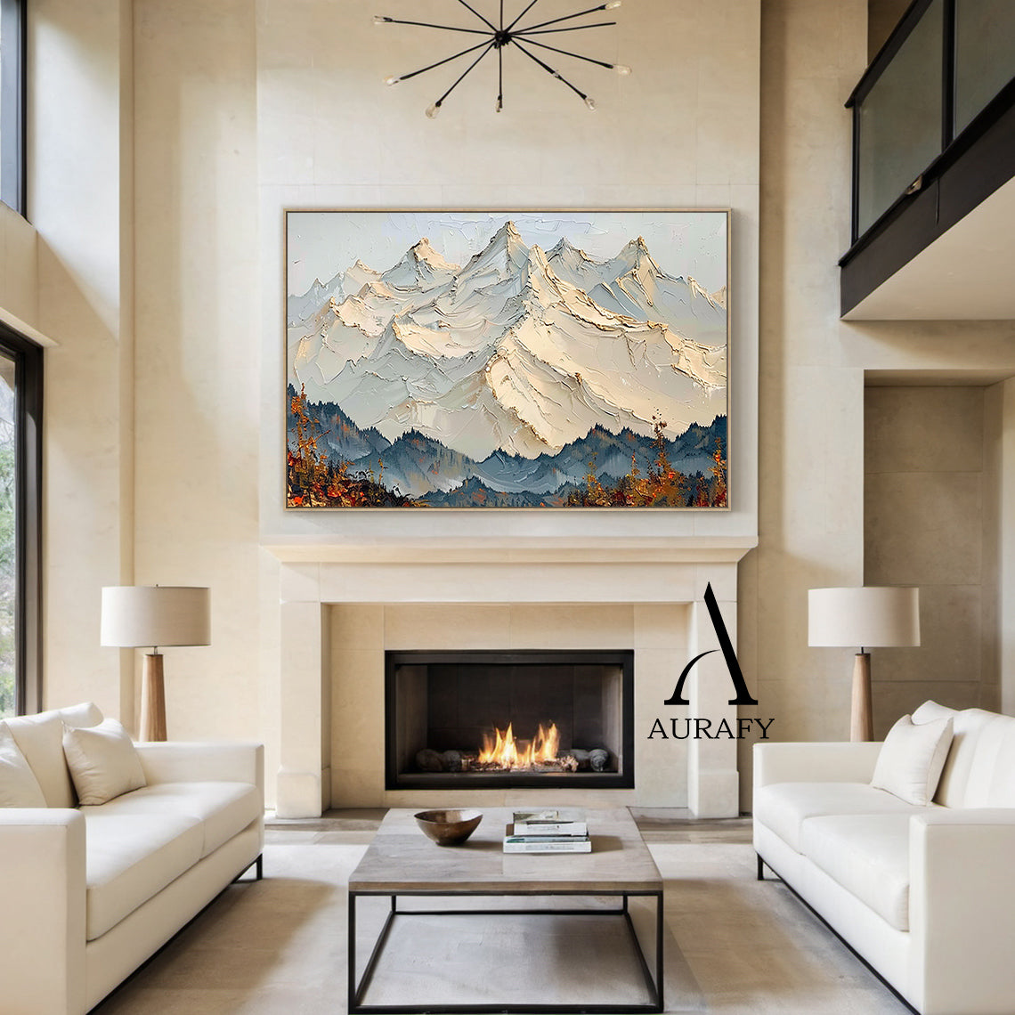 3D Textured Mountain Landscape Thick Impasto Knife Strokes Beige Blue Sculpted Tactile Canvas AURA514