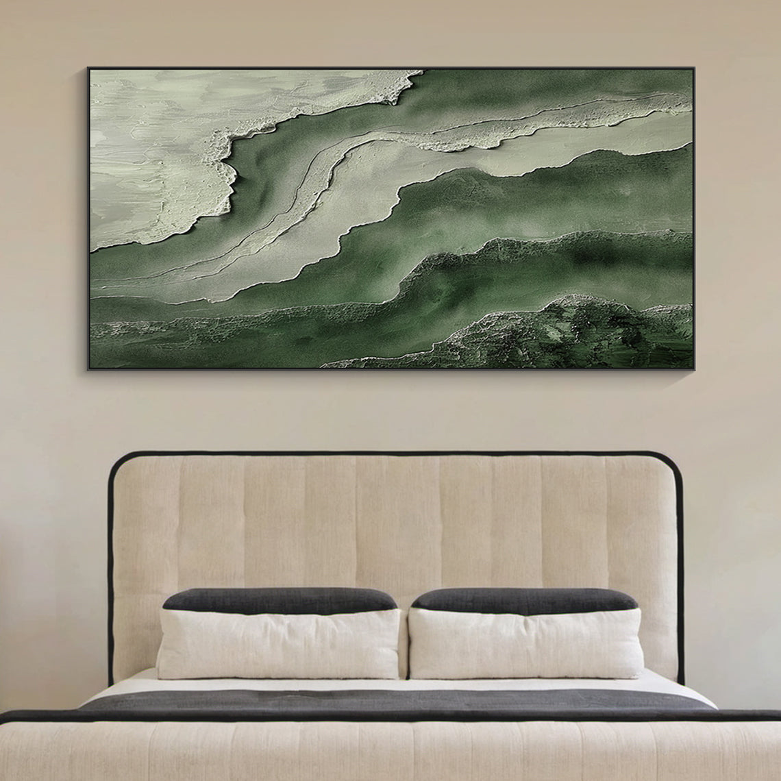 Abstract Textural Wall Art – Forest Green & Stone Layers – AURA041(Vertical)