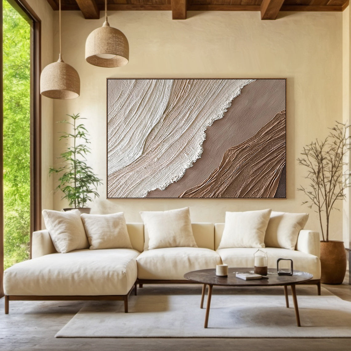 Minimalist Grid Texture Wall Art – Warm Beige Tones – AURA060 (Horizontal)
