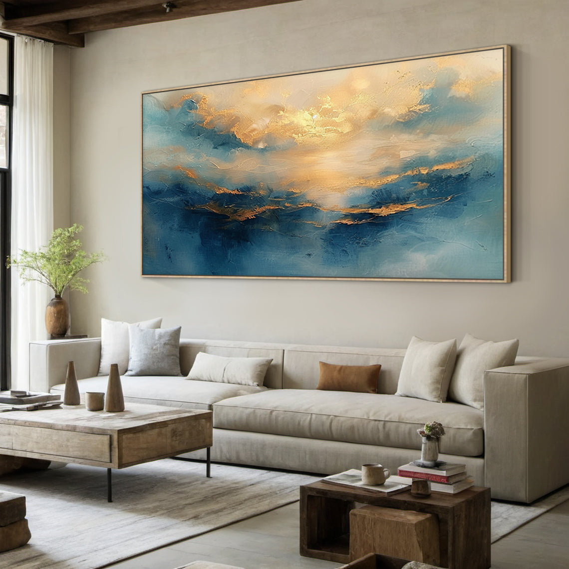 Textured Blue Gold Abstract Landscape Plaster Knife Stroke Japandi Wall Art Minimalist Luxe Home Decor AURA709