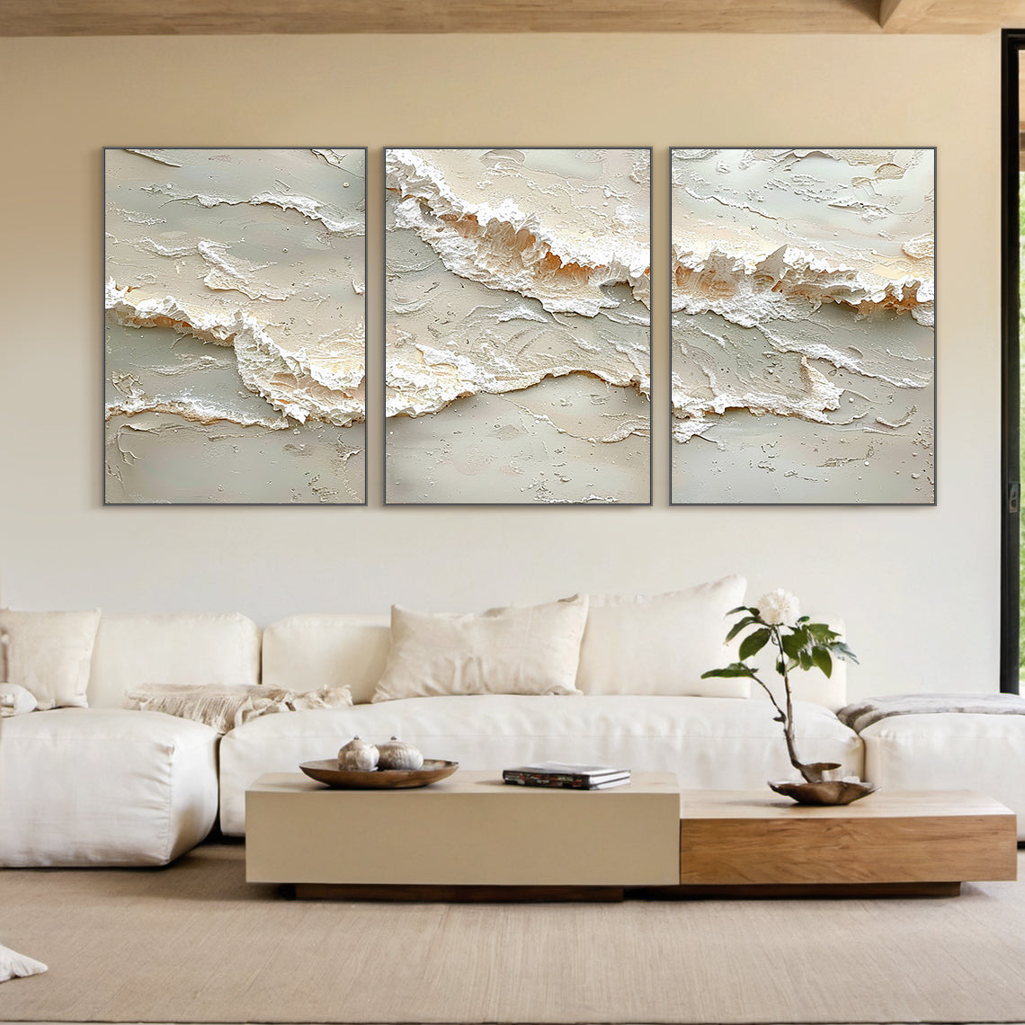 Beige 3D Textured Abstract Painting Triptych Living Room Wall Art AURA166