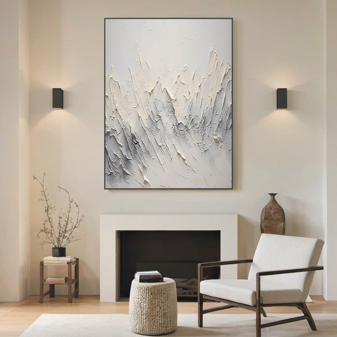 Minimalist Mountain Texture Canvas – Cream & Cool Gray Painting – AURA037(Horizontal)