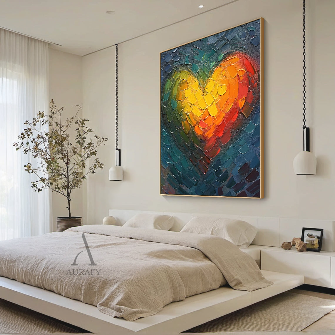 Abstract Heart Oil Painting Impasto Knife Strokes Warm Yellow Red Cool Blue Tactile Surface AURA623