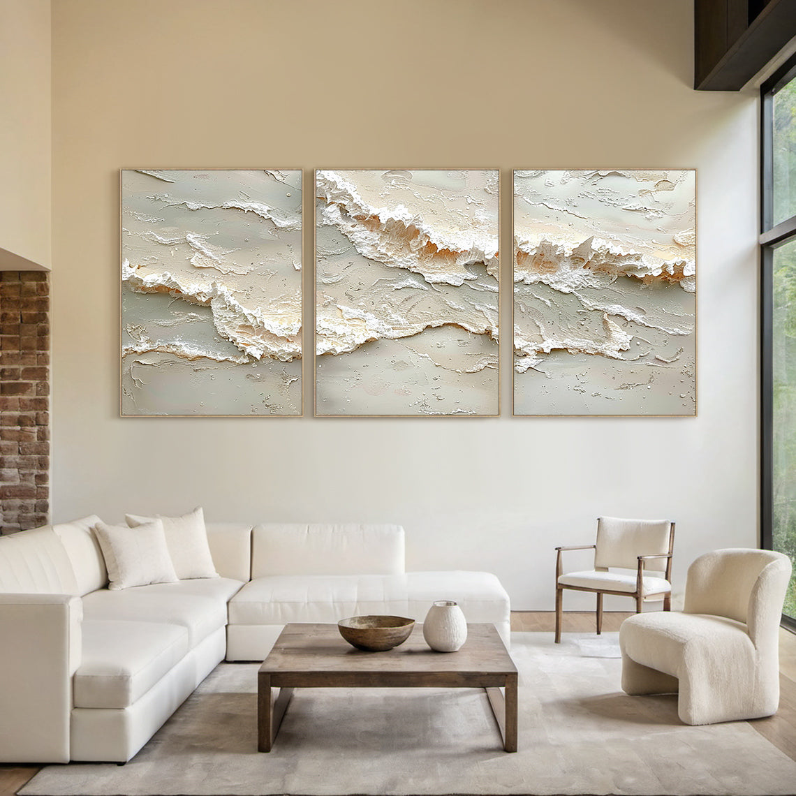 Beige 3D Textured Abstract Painting Triptych Living Room Wall Art AURA166