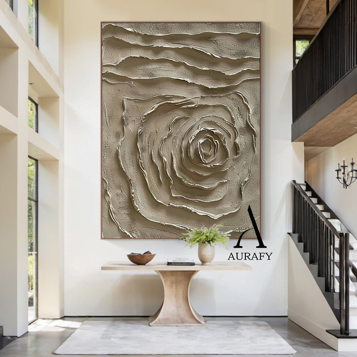 3D Textured Plaster Painting Abstract Rose Wabi-Sabi Japandi Neutral Brown High-Relief Tactile Minimalist Wall Art AURA538