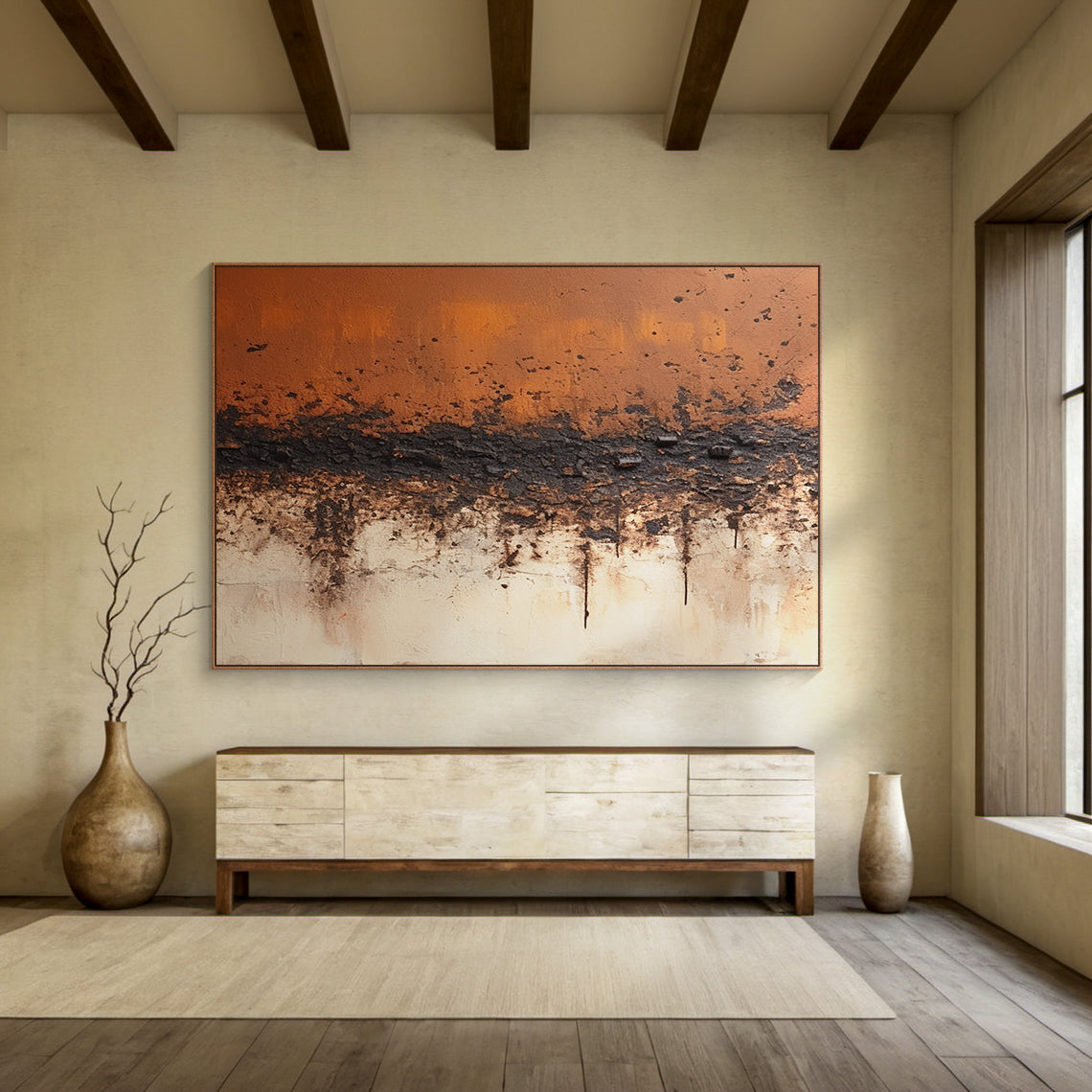 Wabi Sabi Abstract Red Black Textured Canvas Living Room Art AURA214