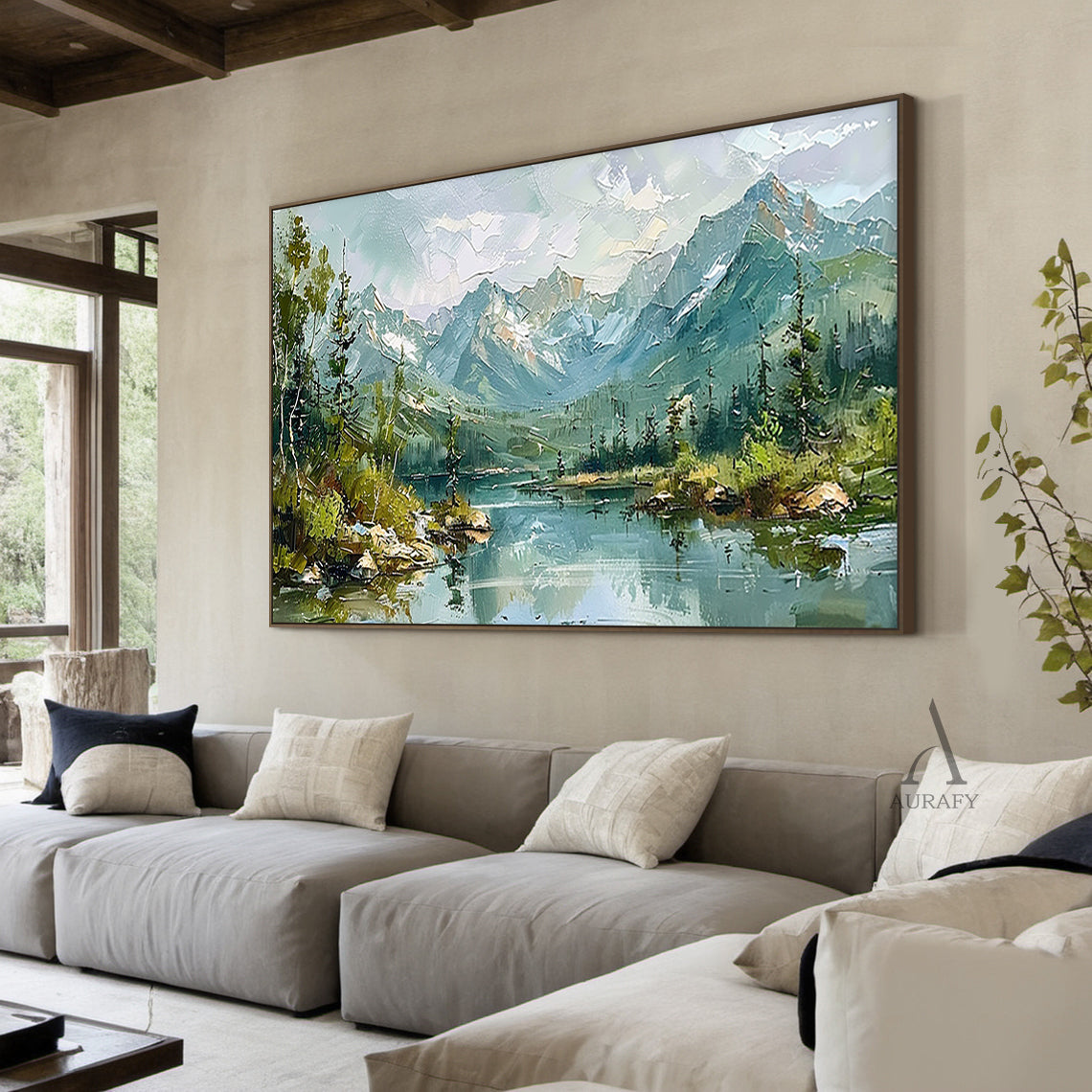 Green Landscape Oil Painting Modern Organic Visible Brushstrokes Lush Mountain Lake Art AURA421