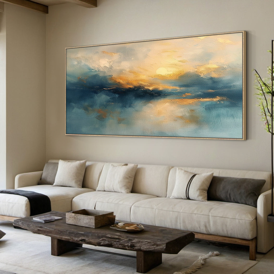Blue Textured Landscape Art Knife Stroke Gold Sunset Canvas Japandi Minimalist Coastal Wall Artwork Decor AURA708