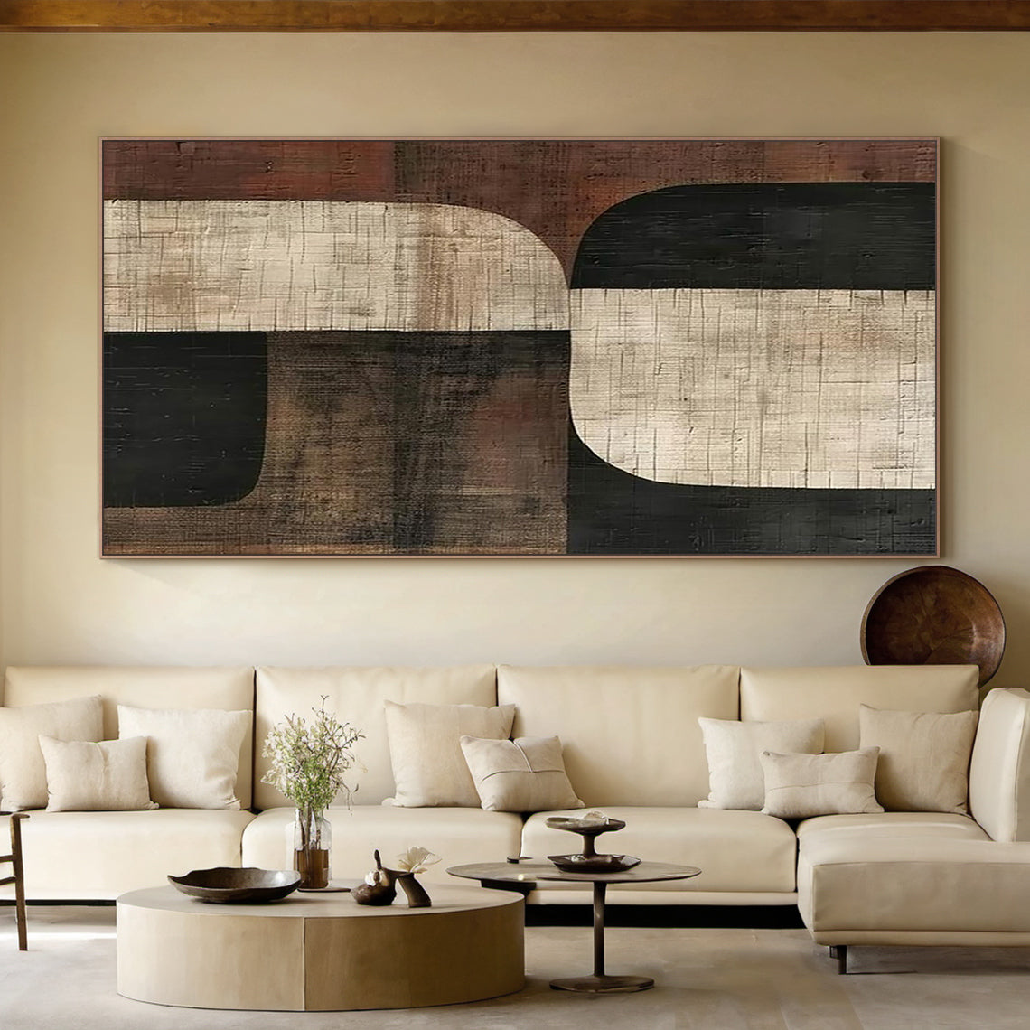 Primitive Balance – Beige Brown & Black Abstract Wall Art – AURA055(Horizontal)