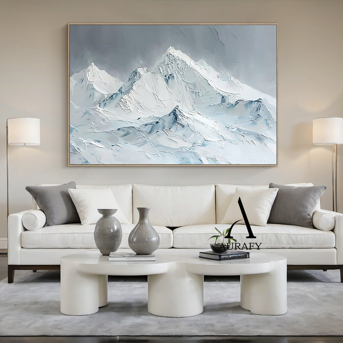3D Textured Snow Mountain Painting Impasto Tactile Surface Gray White Modern Organic Art AURA519