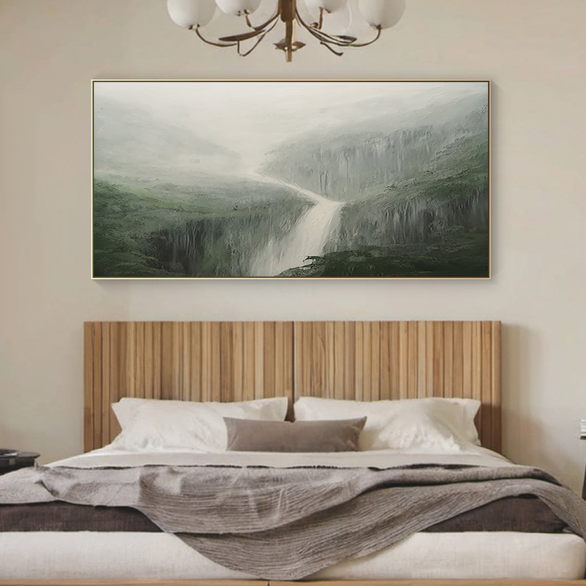Minimalist Landscape Wall Art – Misty Waterfall & Forest Green – AURA040(Vertical)
