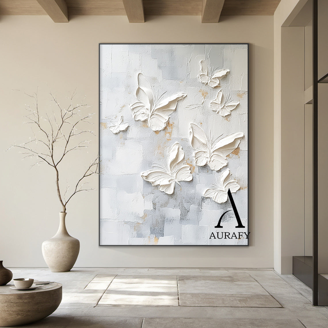 3D Textured Butterfly Art High-Relief Impasto White Beige Modern Minimalist Luxe Painting with Gold Accents AURA531