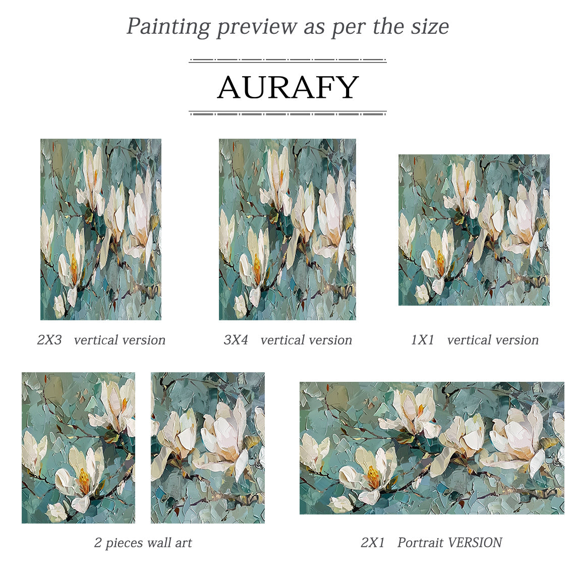 3D Textured Magnolia Painting Knife Strokes High-Relief Blue Green Tactile Modern Artwork AURA418