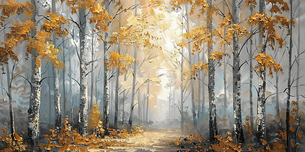Plaster Textured Autumn Birch Forest Knife Stroke Wabi-Sabi Yellow Brown Gray Canvas Wall Art AURA716