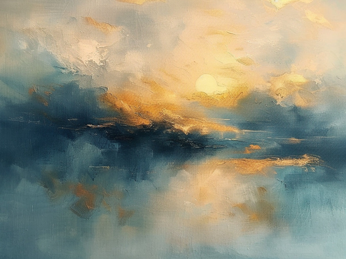 Blue Textured Landscape Art Knife Stroke Gold Sunset Canvas Japandi Minimalist Coastal Wall Artwork Decor AURA708