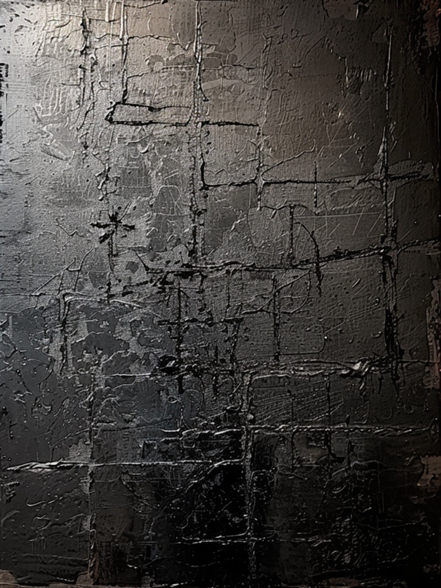 Monochrome Grid Texture Wall Art – Onyx & Charcoal Tones – AURA032(Vertical)