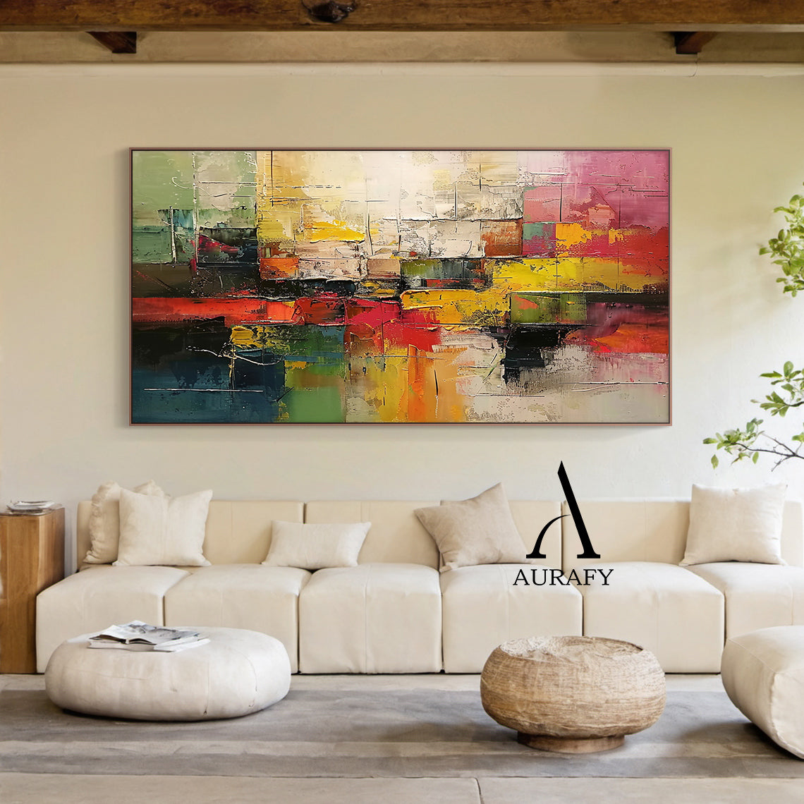 3D Textured Abstract Painting with High-Relief Plaster Tactile Surface Pink Green Yellow Knife Strokes AURA571