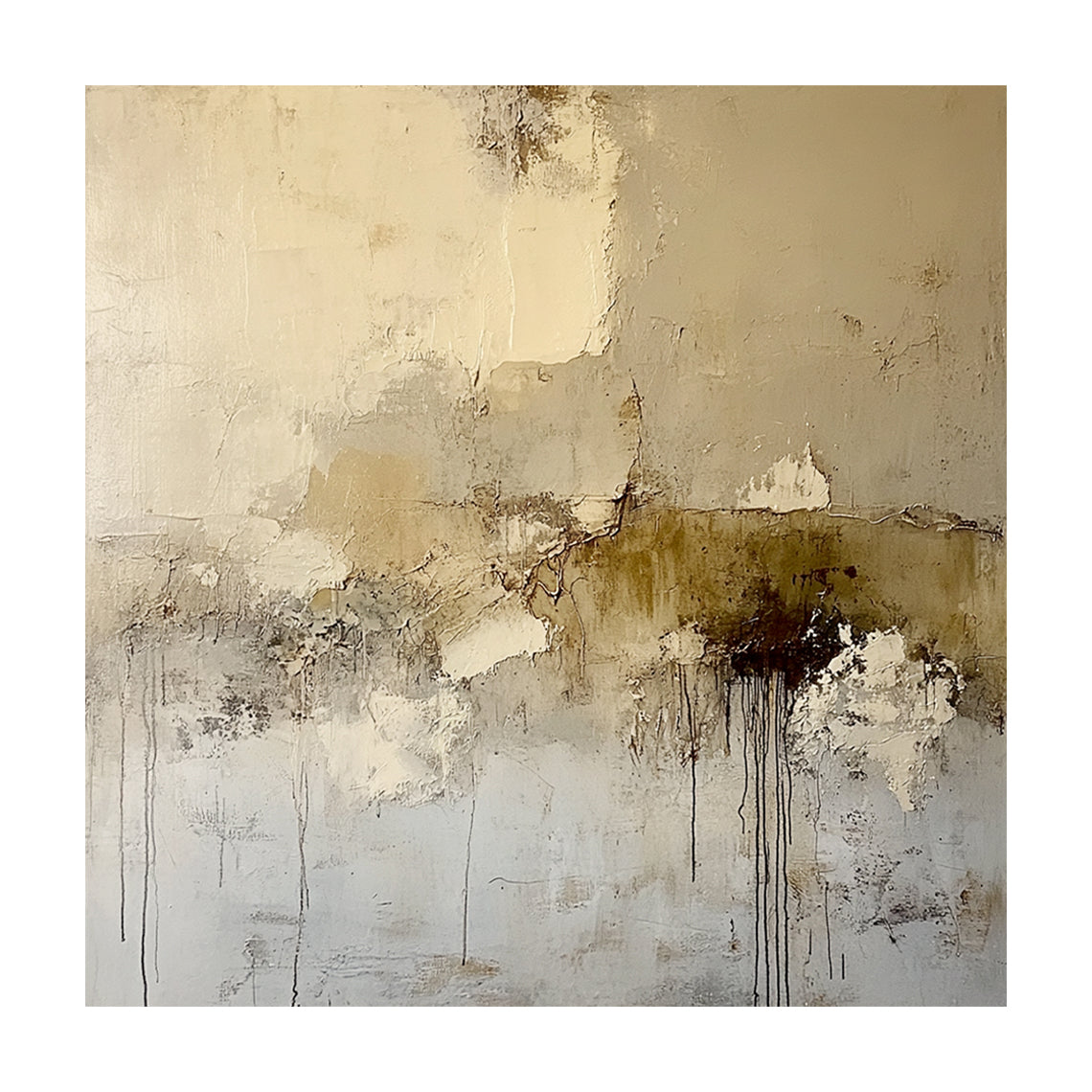 General Abstract Beige Plaster Textured Wabi-Sabi Art with Tactile Surface Paint Drips and Chipped Layers AURA611