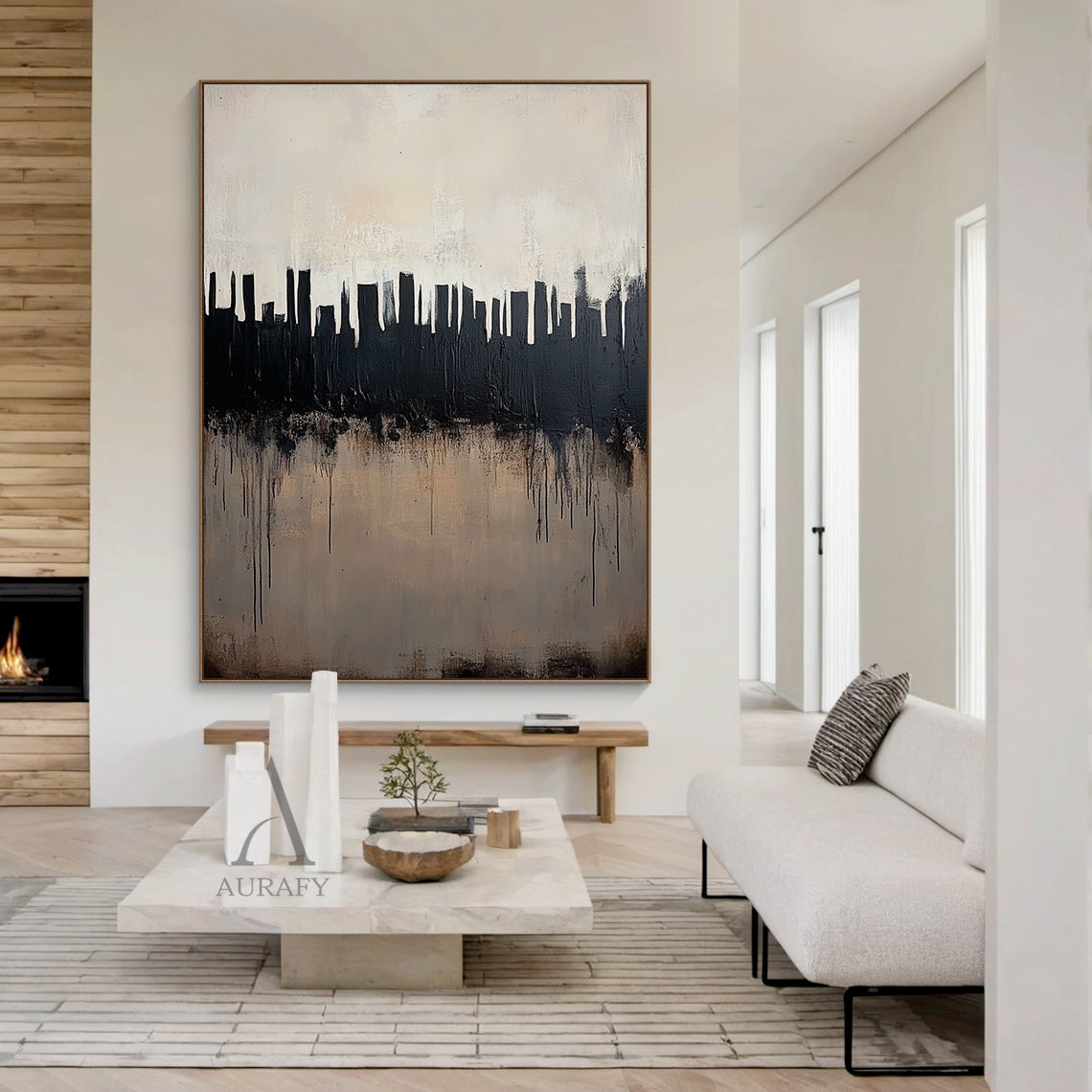 Abstract general black and beige city skyline wall art, heavy impasto thick brushstrokes form bold black urban skyscraper silhouettes against a muted pale off-white gradient background, intentional black paint drips cascade over the textured warm beige lower area simulating city water reflection, tactile minimalist luxe abstract artwork for modern Japandi and minimalist home decor.