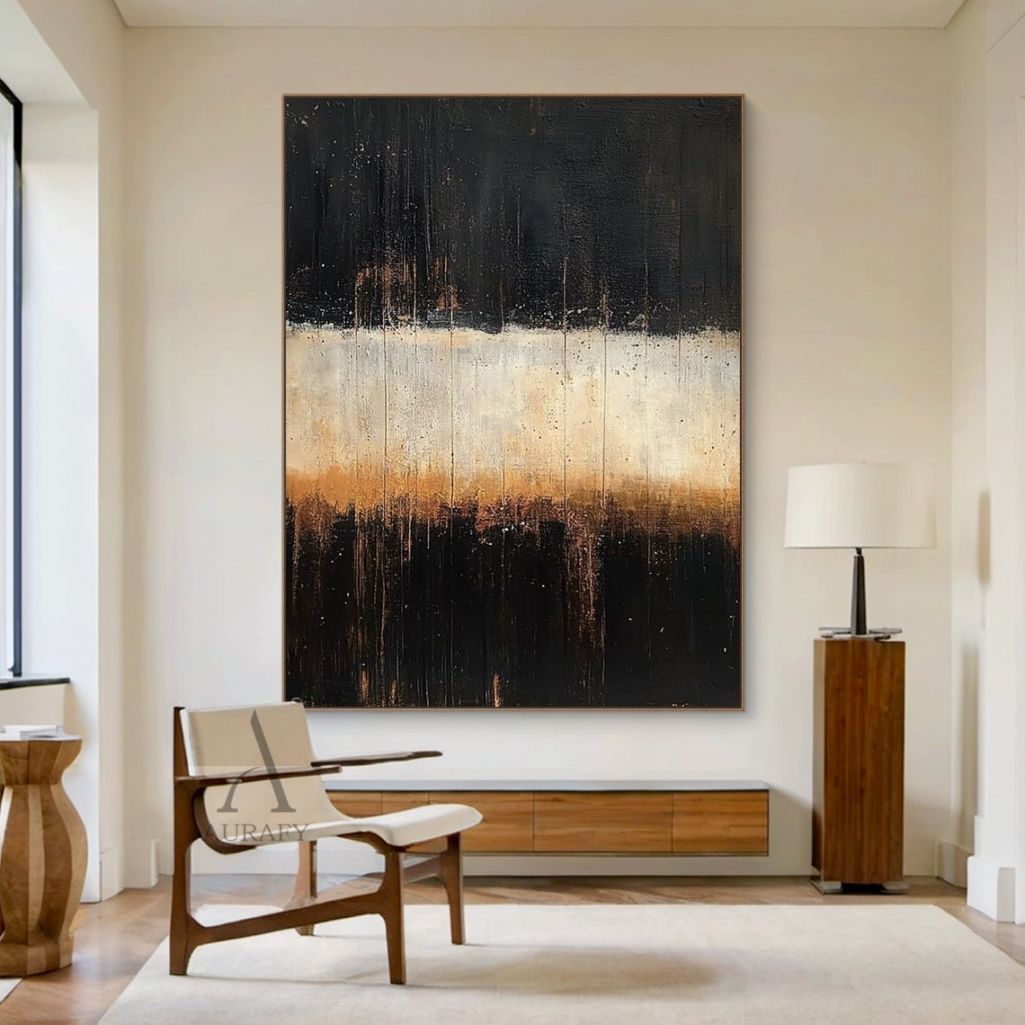Abstract Black Beige Minimalist Expressionist Canvas Art AURA405, features horizontal layered composition with deep black sections (with subtle brown undertones and tiny paint speckles) on top and bottom, central beige to warm light brown gradient band as the visual focus. Vertical knife stroke and paint drip textures run through the whole artwork, presenting strong color contrast and rich tactile impression, fitting neutral home, Japandi and minimalist space decor.