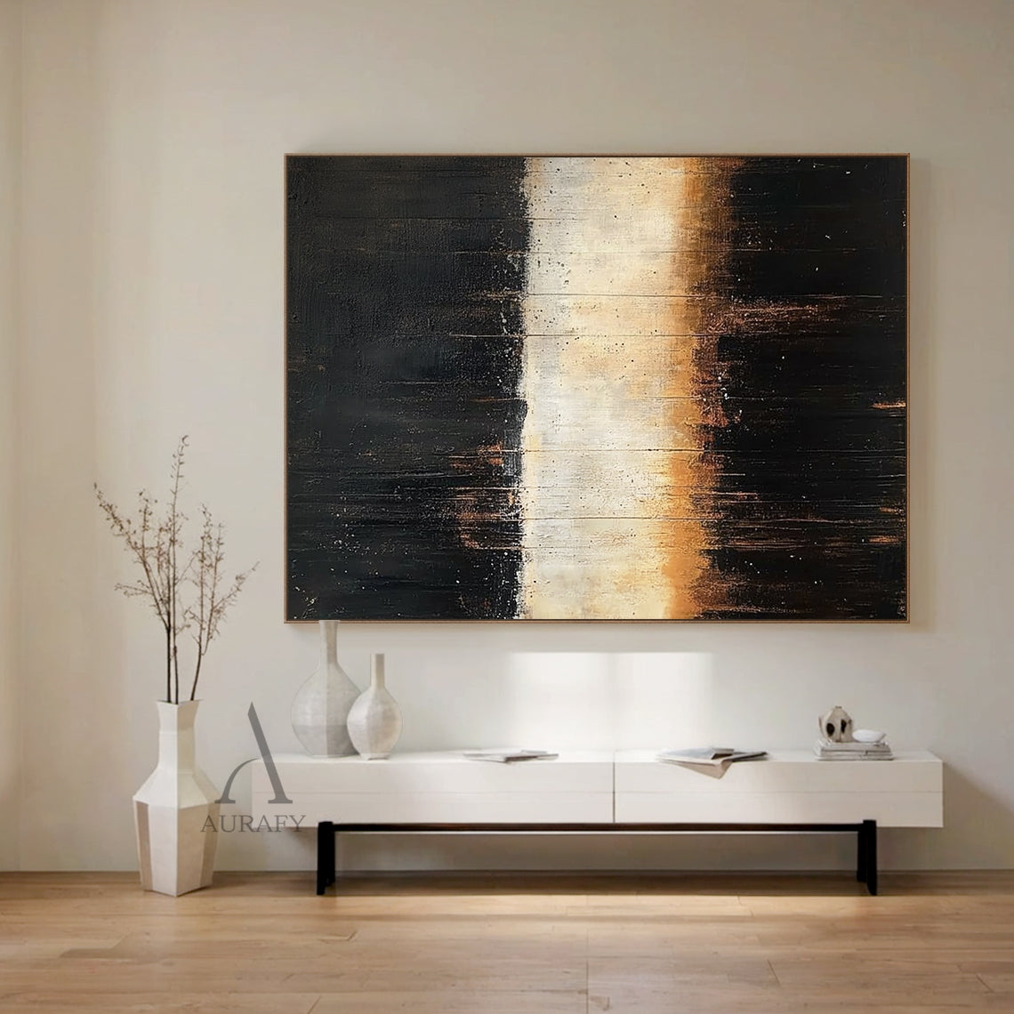 Abstract Black Beige Minimalist Expressionist Canvas Art AURA405, features horizontal layered composition with deep black sections (with subtle brown undertones and tiny paint speckles) on top and bottom, central beige to warm light brown gradient band as the visual focus. Vertical knife stroke and paint drip textures run through the whole artwork, presenting strong color contrast and rich tactile impression, fitting neutral home, Japandi and minimalist space decor.
