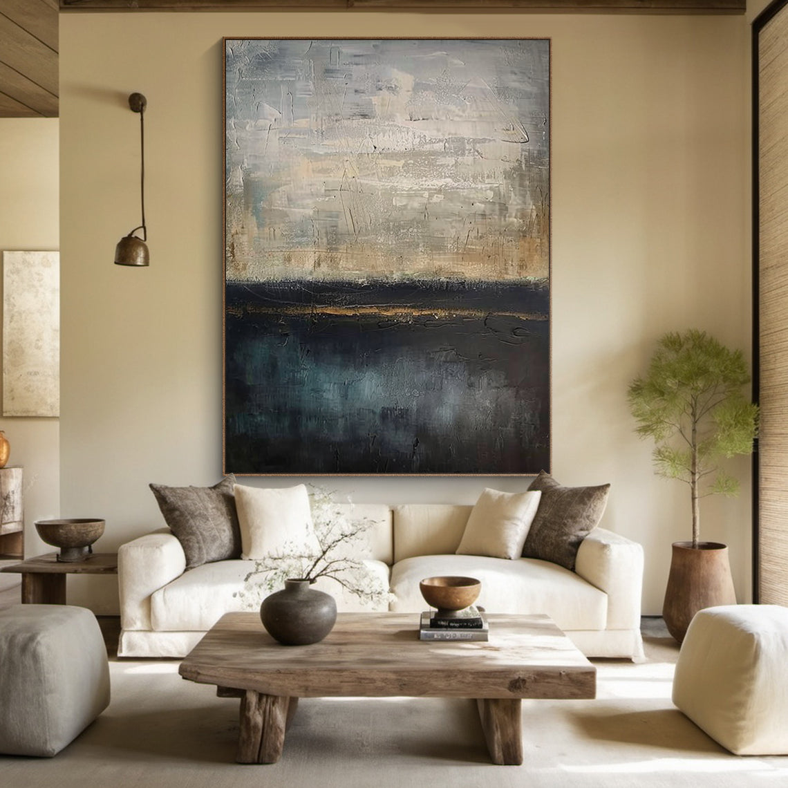 Abstract Blue Wall Art AURA195 | General Abstract with Sculpted Tactile Plaster Texture: Blue base tones, layered neutral gray/beige/light brown thick brushstrokes. Displayed in modern simple bedroom—paired with light gray linen bedding, wooden nightstand (holding small green plant & metal table lamp), white walls, light-colored wooden floor. Adds calm artistic ambiance to cozy spaces, perfect for modern simple bedroom decor.