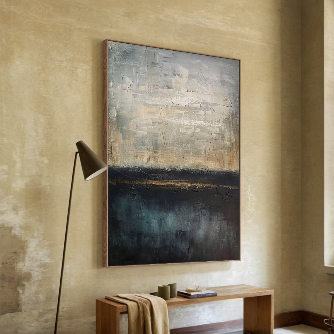 Abstract Blue Wall Art AURA195 | General Abstract with Sculpted Tactile Plaster Texture: Blue base tones, layered neutral gray/beige/light brown thick brushstrokes. Displayed in modern minimalist living room—paired with light gray fabric sofa, wooden coffee table (holding ceramic vase & a few dried flowers), white floor lamp, light-colored wooden floor, white walls. Adds elegant artistic atmosphere to the living space, perfect for modern minimalist living room decor.