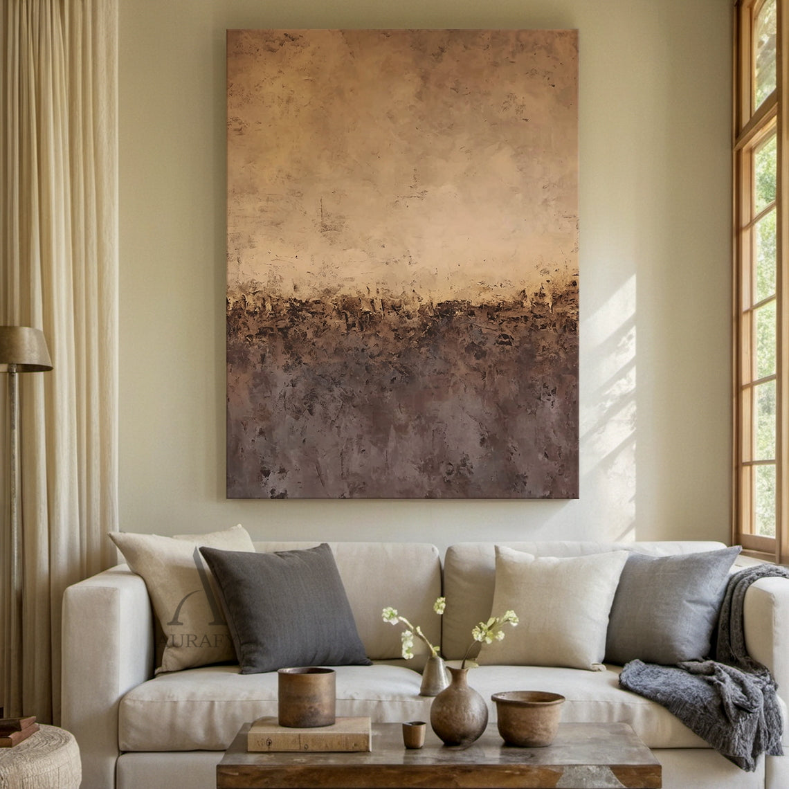 AURA598 Abstract Brown Beige Canvas Art - Warm earth tone gradient (soft beige upper, rich brown middle, deep dark brown lower), general abstract style with tactile impasto knife strokes, rough plaster-like 3D texture, and organic layers. Ideal for modern industrial bedroom headboard backdrop, Japanese zen tea room wall accent, light luxury apartment hallway focal point, or retro-style study bookshelf side decor. Complements neutral decor and warm wood accents.