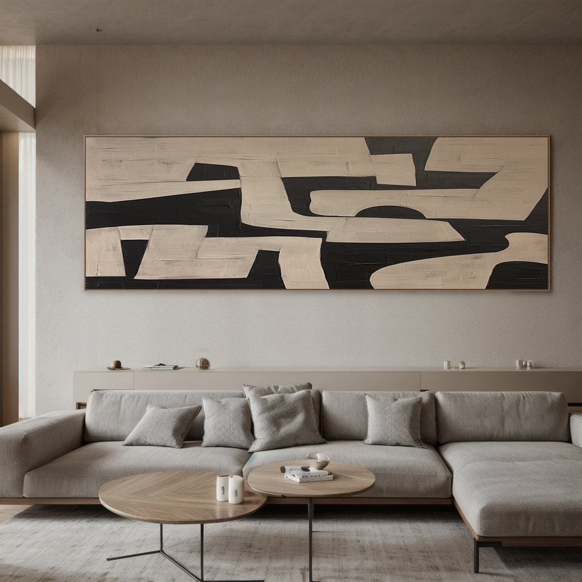 Black and off-white abstract geometric wall art (modern bedroom wall art) with thick textured brushstrokes and irregular blocks. Framed in wooden frame, displayed in a modern bedroom with soft neutral decor (beige walls, linen duvet, wooden nightstand, warm ambient lighting). Ideal for modern, Scandinavian, or minimalist style spaces—bedroom focal point, cozy home office accent, or living room statement piece. Premium matte canvas art with dynamic balance and tactile depth, enhancing serene, curated interio