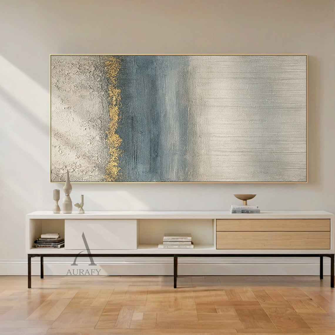 General abstract gray blue plaster textured wall art (AURA405) with horizontal layered composition: top rough thick impasto light gray plaster texture, middle irregular textured gold accent band as visual focal point, followed by gradient blue section with horizontal brushstrokes, bottom light gray layer with vertical dripping texture. Modern organic wabi-sabi style artwork, perfect for Japandi, minimalist, luxury modern living room, bedroom, office wall decor.