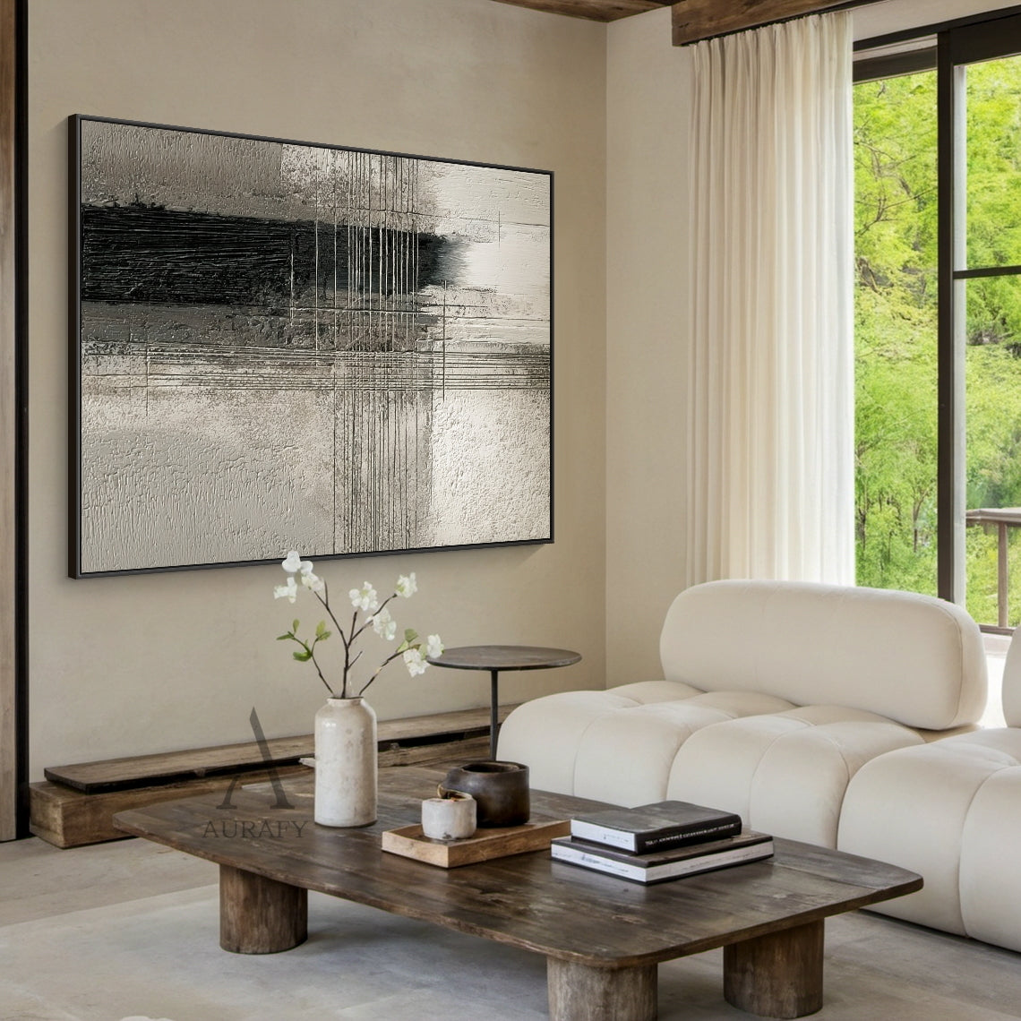 Abstract Gray Textured Wall Art: Grayscale palette (bright white to deep black) with rough horizontal stucco-like strokes, dark center vertical strip of fine parallel lines, layered mid-tones, asymmetrical composition. Tactile industrial piece ideal for Scandinavian bedrooms, minimalist office accent walls, or contemporary apartment entryway focal points.