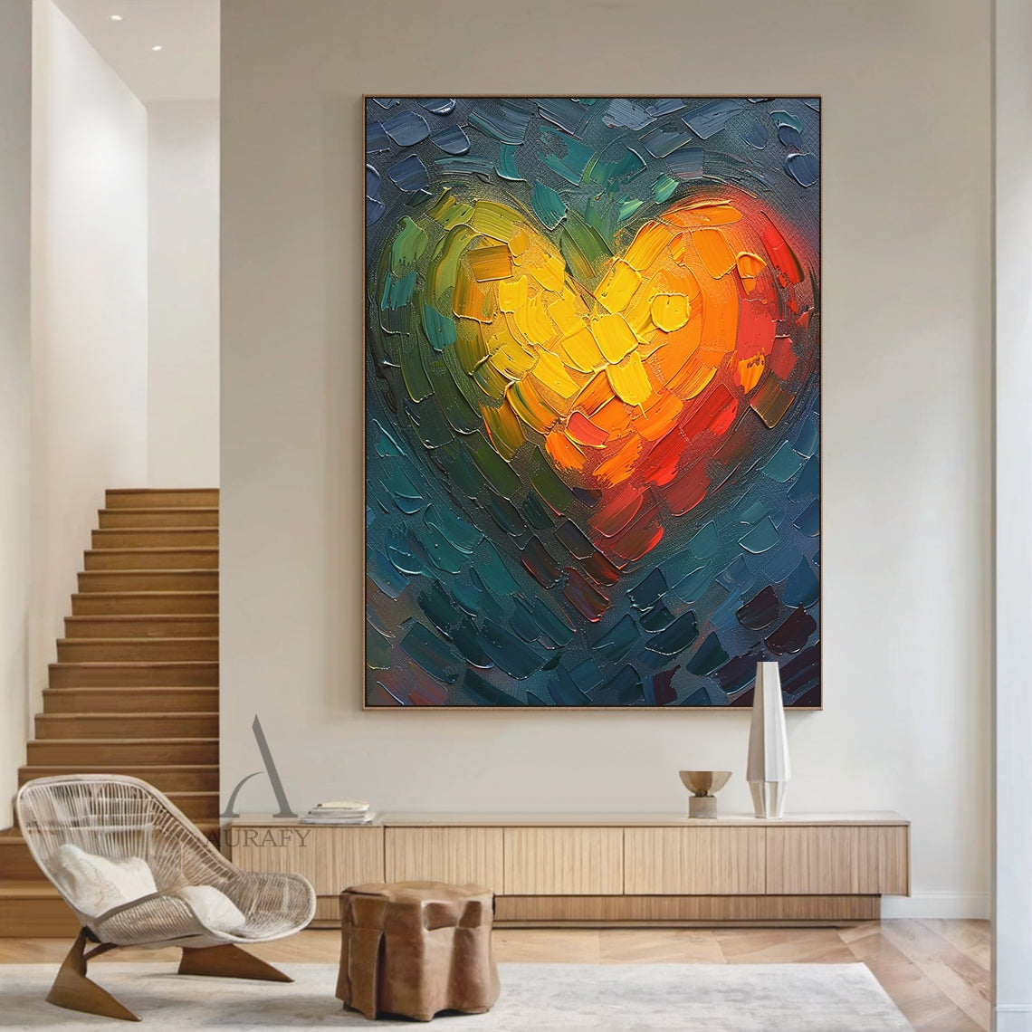 Impasto abstract heart oil painting wall art, thick palette knife strokes form a gradient warm-toned heart in bright yellow, soft orange and vivid red as the focal point, paired with a textured cool blue and teal block stroke background, this dimensional tactile canvas piece is hung on the creamy textured accent wall of a light luxury Nordic bedroom above a linen upholstered low-profile headboard, ideal for living room, entryway, home studio and other warm residential space decor, AURA405