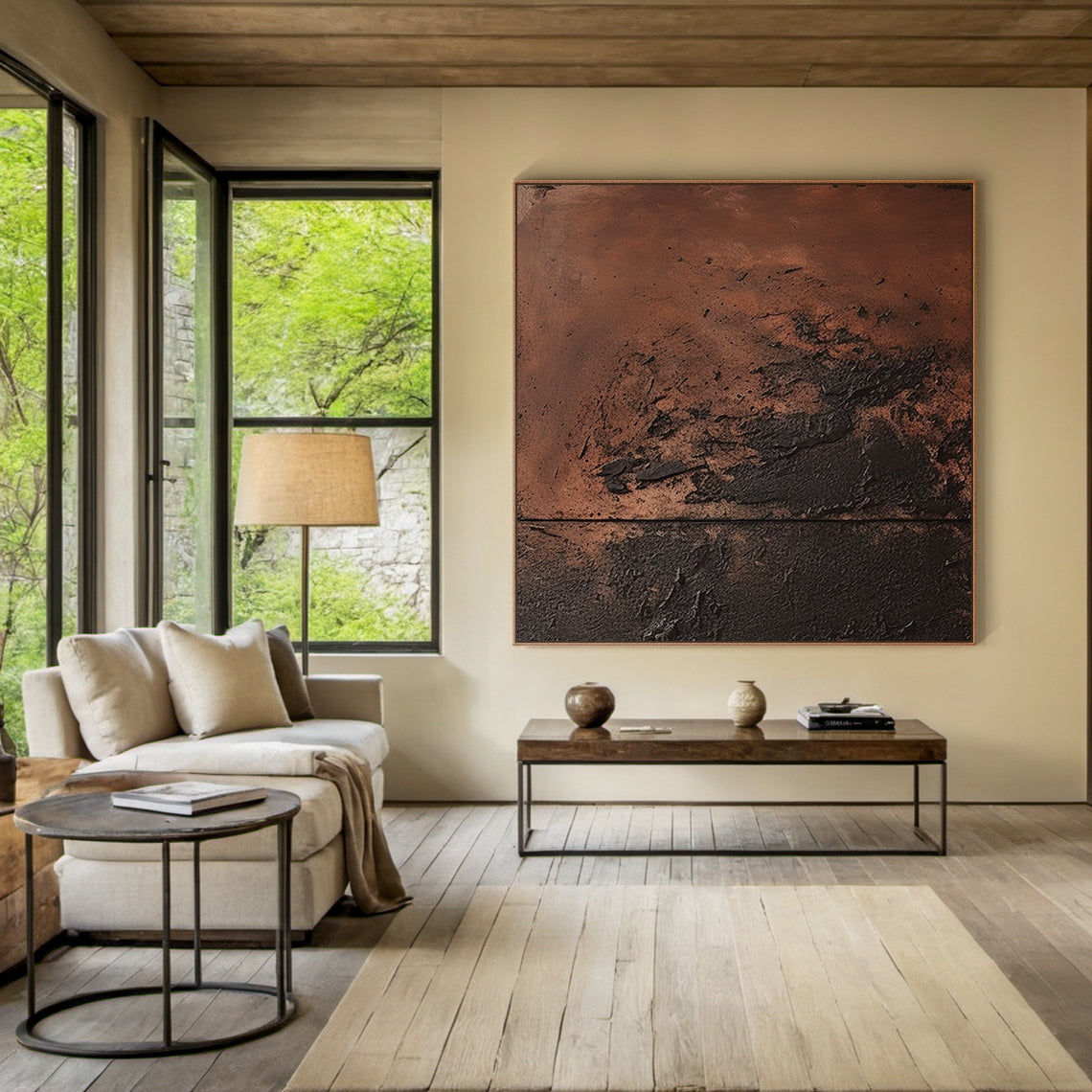 Abstract impasto painting with terracotta tones and bold black accents as the focal point in a modern minimalist study room. Thick tactile texture, horizontal composition, and earthy hues infuse warm rustic charm into the space—minimalist wooden desk with metal legs, ergonomic leather chair, sleek floating shelves with potted succulents, small metal side table holding a minimalist table lamp. Natural light filtering through large floor-to-ceiling windows with light wood frames, soft outdoor foliage visible,