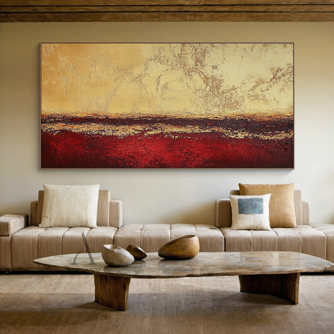 Abstract Red Yellow Textured Wall Art AURA405 (Real Home Scene Display), geological stratum inspired horizontal layered abstract artwork. The top zone is light yellow-beige with cracked weathered sun-bleached texture, the middle dark band blends deep brown and maroon with uneven golden-yellow streaks, the bottom part is saturated deep red with prominent crackle textures. Wabi-sabi style tactile wall decor showing actual installation effect, suitable for Japandi and minimalist home spaces.