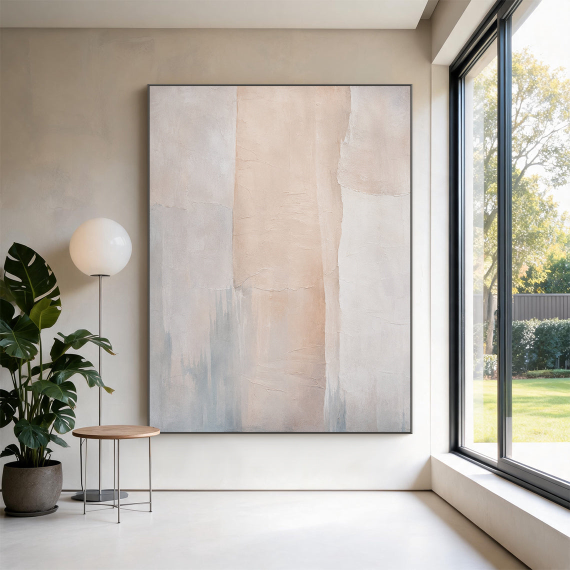 Beige 3D textured wabi-sabi abstract canvas wall art (SKU: AURA702) Japandi bedroom bedside hanging display. Crafted with thick impasto technique with natural cracked uneven tactile surface, it adopts multi-shade beige and soft off-white as the main palette, accented with hazy cool grey misty distant city skyline or mountain silhouettes at the bottom. Its minimalist composition made of irregular vertical color blocks delivers a calm relaxing vibe suitable for rest spaces, the scene intuitively shows its per