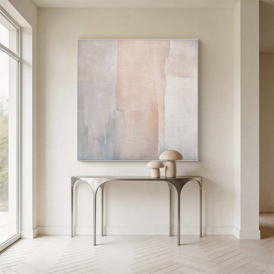 Beige 3D textured wabi-sabi abstract canvas wall art (SKU: AURA702) Japandi bedroom bedside hanging display. Crafted with thick impasto technique with natural cracked uneven tactile surface, it adopts multi-shade beige and soft off-white as the main palette, accented with hazy cool grey misty distant city skyline or mountain silhouettes at the bottom. Its minimalist composition made of irregular vertical color blocks delivers a calm relaxing vibe suitable for rest spaces, the scene intuitively shows its per