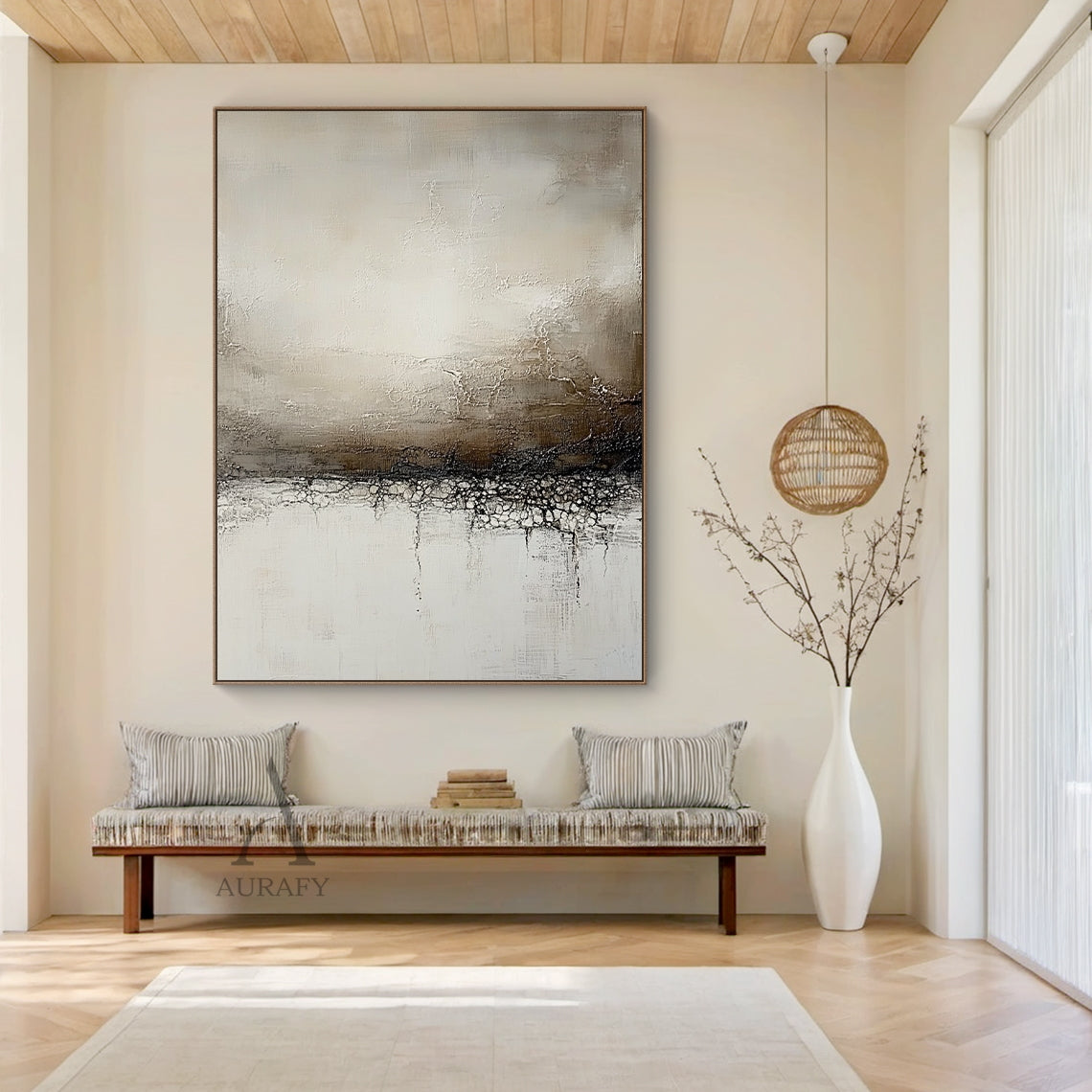 Beige neutral abstract canvas wall art AURA632, curated living room accent wall display scene shot, horizontal layered composition with muted color palette of off-white, light brown, dark brown and near black. Features obvious crackle texture on the middle dark band, thick impasto layers, visible brush and scratch marks on upper area, dripping paint lines on lower part, Japandi wabi-sabi modern organic tactile decorative artwork for minimalist neutral interior styling.