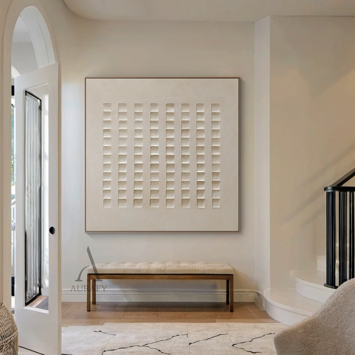 AurafyArt AURA633 abstract beige plaster wall art, monochromatic warm muted beige tone, features high-relief structured grid design with 8 neat vertical columns of recessed square blocks, has subtle cement-like textured plaster surface, hung on the light oak accent wall of a Japandi style living room, natural daylight casts soft layered shadows on its concave-convex textured details, modern minimalist wabi-sabi abstract decorative artwork perfect for adding understated texture to minimalist, Japandi and neu