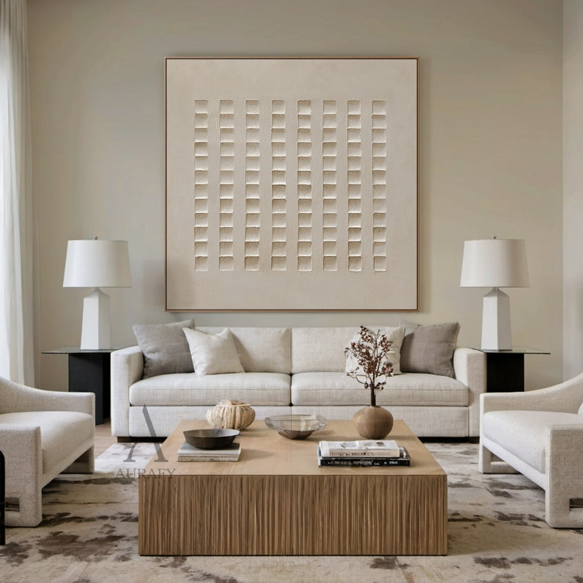 AurafyArt AURA633 abstract beige plaster wall art, monochromatic warm muted beige tone, features high-relief structured grid design with 8 neat vertical columns of recessed square blocks, has subtle cement-like textured plaster surface, hung on the creamy white art paint accent wall of a cream wabi-sabi style bedroom, soft afternoon side natural light casts warm layered shadows on its concave-convex textured details, modern minimalist wabi-sabi abstract decorative artwork perfect for adding understated text