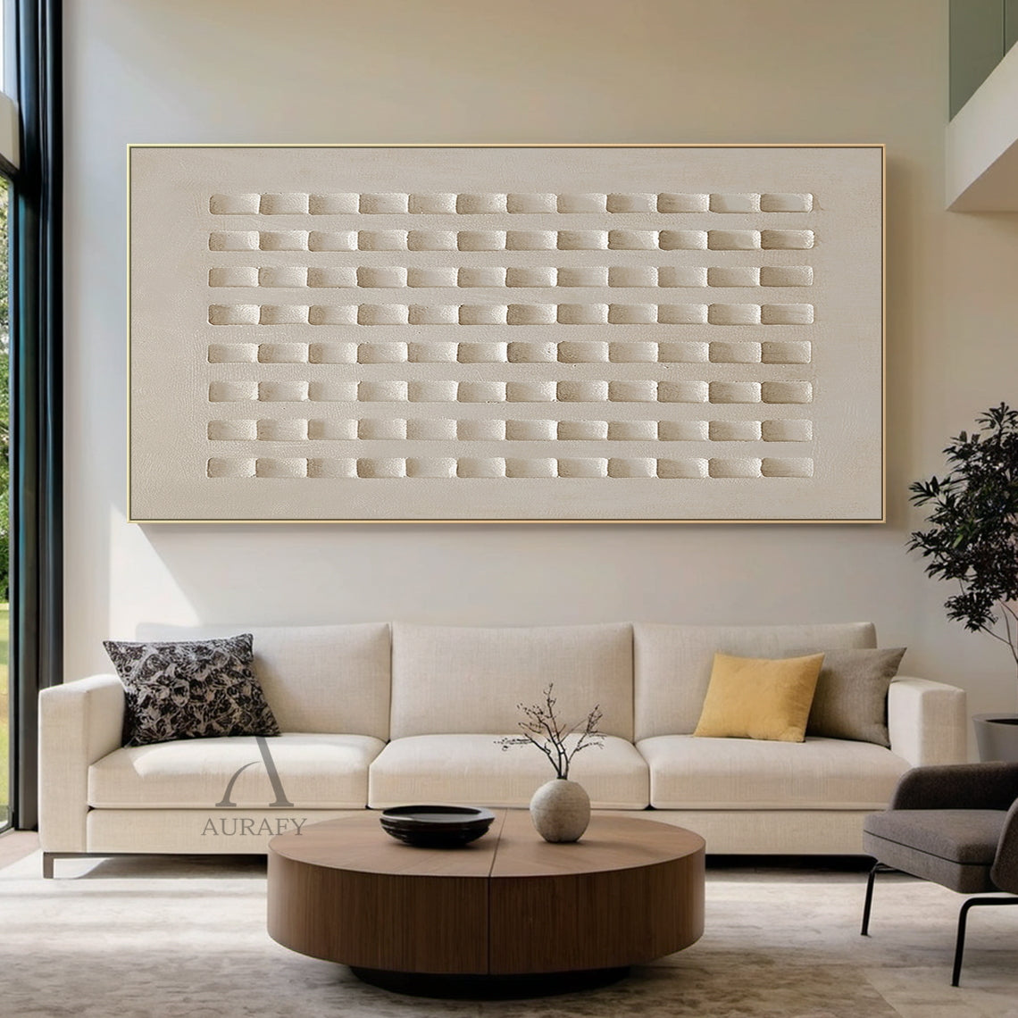 AurafyArt AURA633 abstract beige plaster wall art, monochromatic warm muted beige tone, features high-relief structured grid design with 8 neat vertical columns of recessed square blocks, has subtle cement-like textured plaster surface, light casts soft shifting shadows on the concave-convex details, modern minimalist wabi-sabi general abstract decorative artwork for Japandi and minimalist interior spaces.