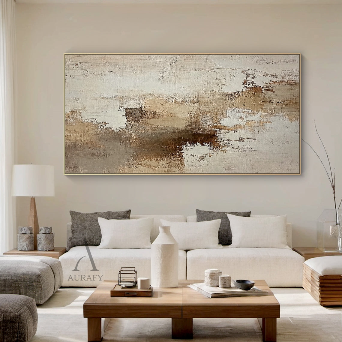 AURA634 abstract beige textured canvas wall art, features a neutral palette of soft beige, layered varying tan brown shades and warm off-white with gentle color transitions. The surface has clear handcrafted texture with visible thick impasto, scratch, and paint stacking brush strokes, blending uneven paint texture with canvas base texture. It has no specific figurative elements, composed of irregular abstract color blocks and loose texture patches, presenting a minimalist warm abstract style suitable for N