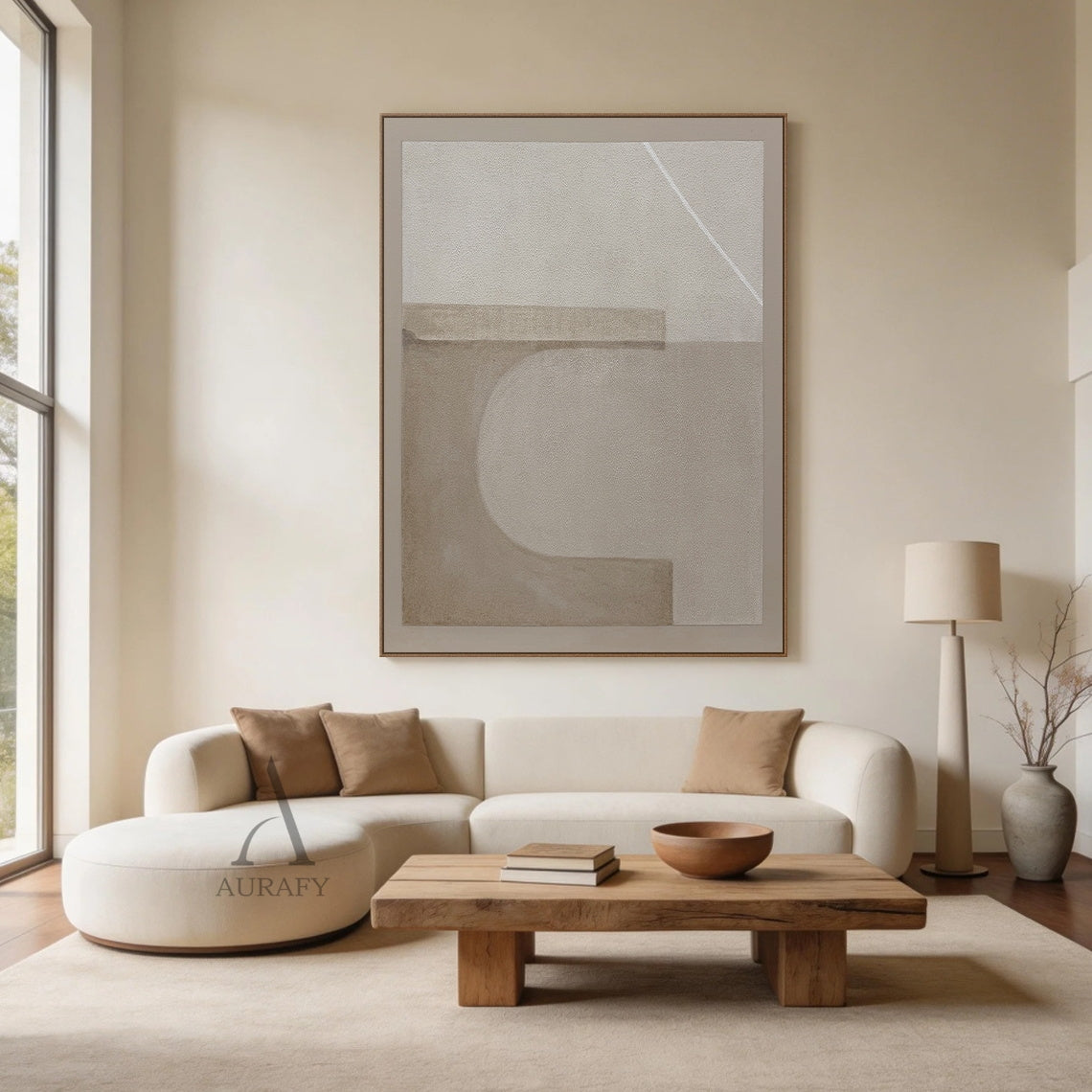 Beige Wabi-Sabi General Abstract Textured Japandi Canvas Wall Art AURA731, with gritty grainy matte beige base, two soft-edged hazy light taupe horizontal rectangles placed on the upper area and lower left area, a blurred semi-circular light beige curved shape between the two rectangles, one thin crisp bright white diagonal line at the top right corner, minimalist neutral wall decor for calm modern, Japandi, wabi-sabi living spaces.