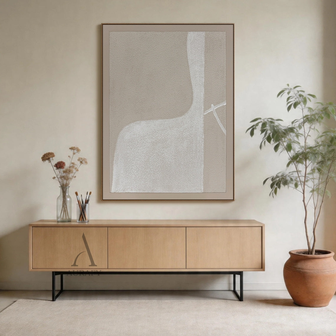 Square beige minimalist abstract canvas wall art, full grainy textured matte surface, layered soft-edged organic patches in off-white, warm light beige and taupe, faint crossed thin white line accents at the bottom right, monochromatic neutral palette wabi-sabi japandi artwork for calm modern home decor, AURA738