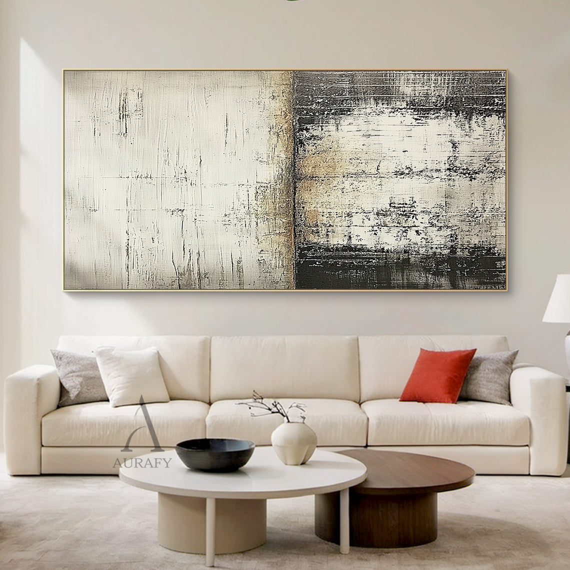 General Abstract Beige Gray Distressed Minimalist Wall Art AURA631, upper section with horizontal parallel scratch knife strokes in light gray and warm beige, middle part with mottled seamless beige-gray gradient transition, lower area features irregular vertical lines and peeling worn texture in deep gray near dark tones, no figurative elements, neutral color palette, contrast between rough and delicate texture, industrial-style abstract artwork with handcrafted finish.