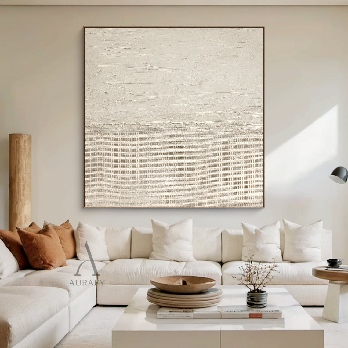 Beige general abstract wabi-sabi wall art, upper part features light creamy off-white thick impasto plaster-like rough horizontal textured finish with subtle organic imperfections, lower part comes with slightly deeper warm beige fine linen grid woven texture, connected by a raw uneven handcrafted torn-edge seam, monochromatic neutral tactile canvas artwork for Japandi minimalist home decor, SKU AURA722