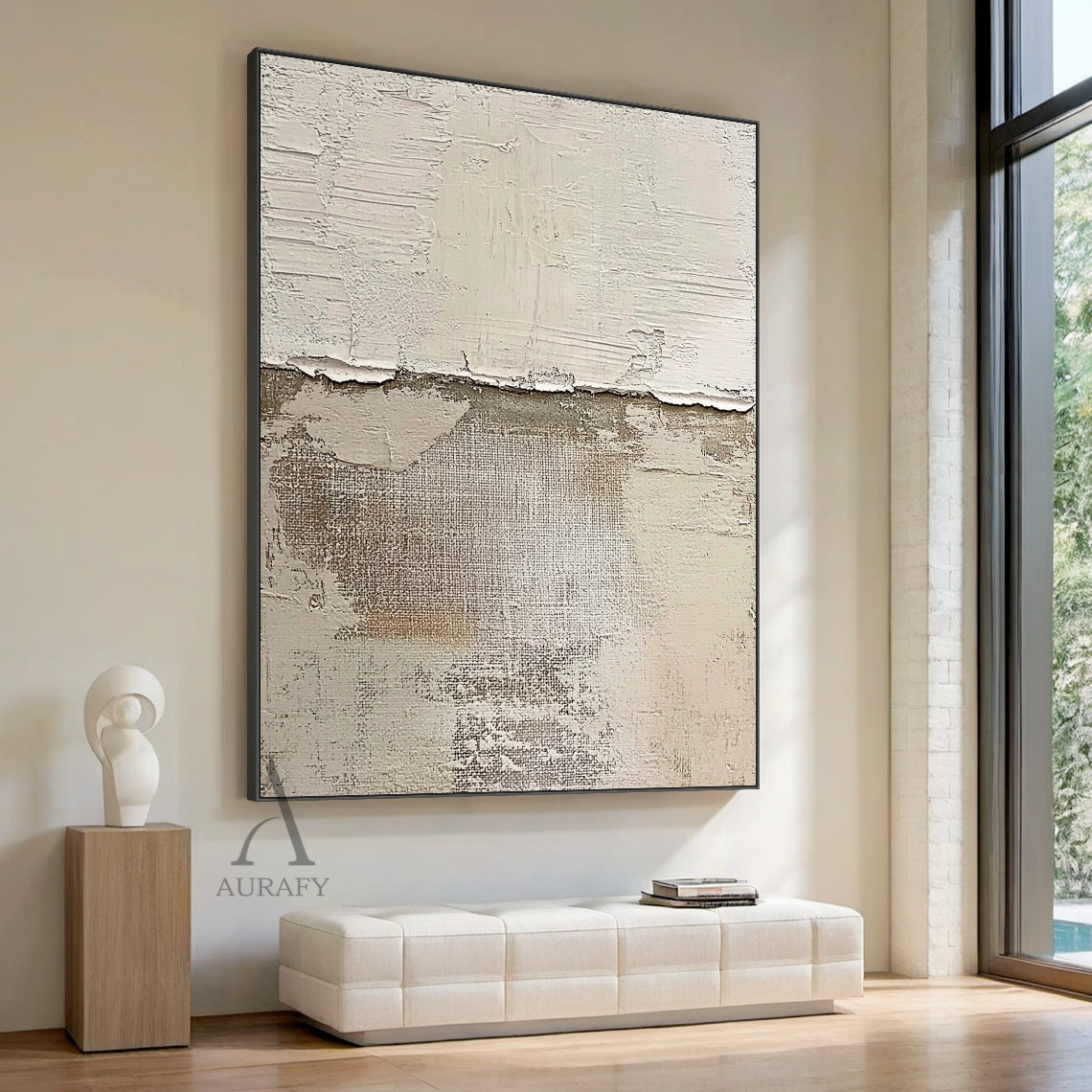 Beige abstract impasto artwork, upper section features stacked light beige and off-white thick paint layers with naturally cracked, peeling edges presenting a delicate time-worn effect, lower part exposes raw grid canvas texture, scattered light brown and pale gray mottled distressed marks across the surface, wabi-sabi modern organic tactile wall art for creamy warm neutral home decor, oak-toned Japandi bedroom above headboard display, light vintage home studio wall accent, small urban rental apartment livi